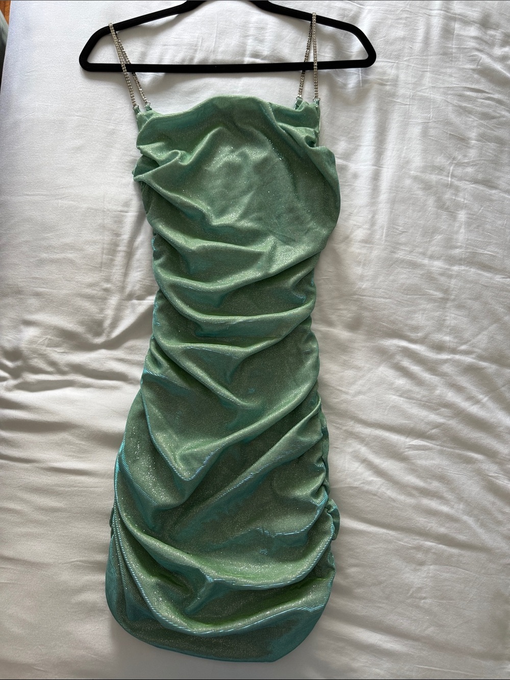 AKIRA Shimmery Mint Green Ruched Mini Dress with Chain Straps